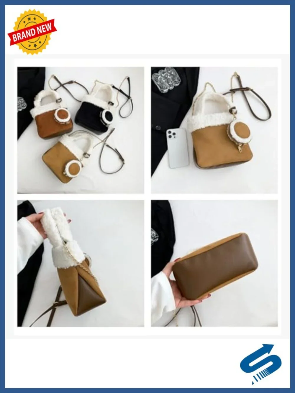 Women's Suede and Lamb Wool Tote Handbag with Adjustable Strap
